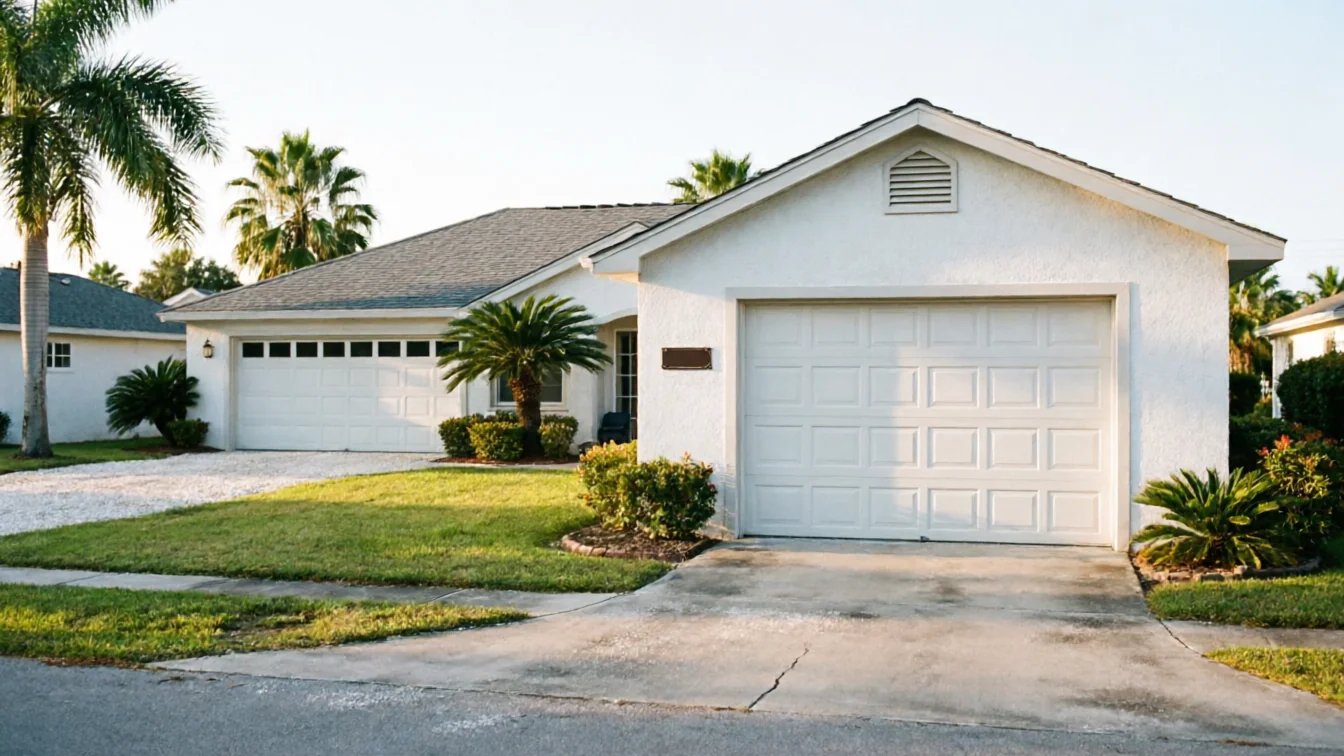 A white house with two white garage doors and palm trees in the yard.