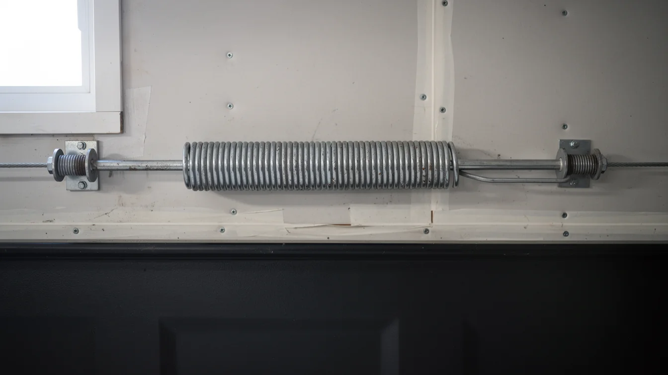 An extension spring is mounted above a black garage door.