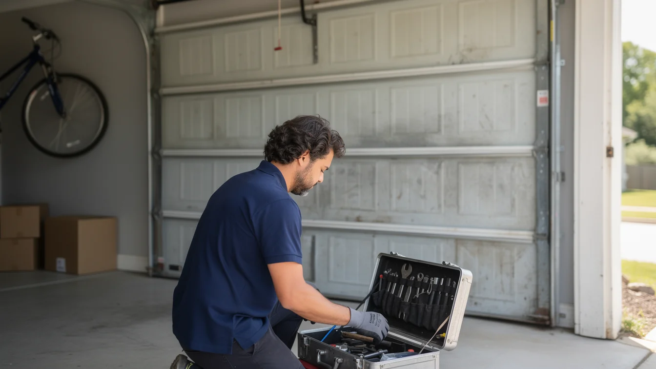 A technician kneels in a garage, looking into an open toolbox.
