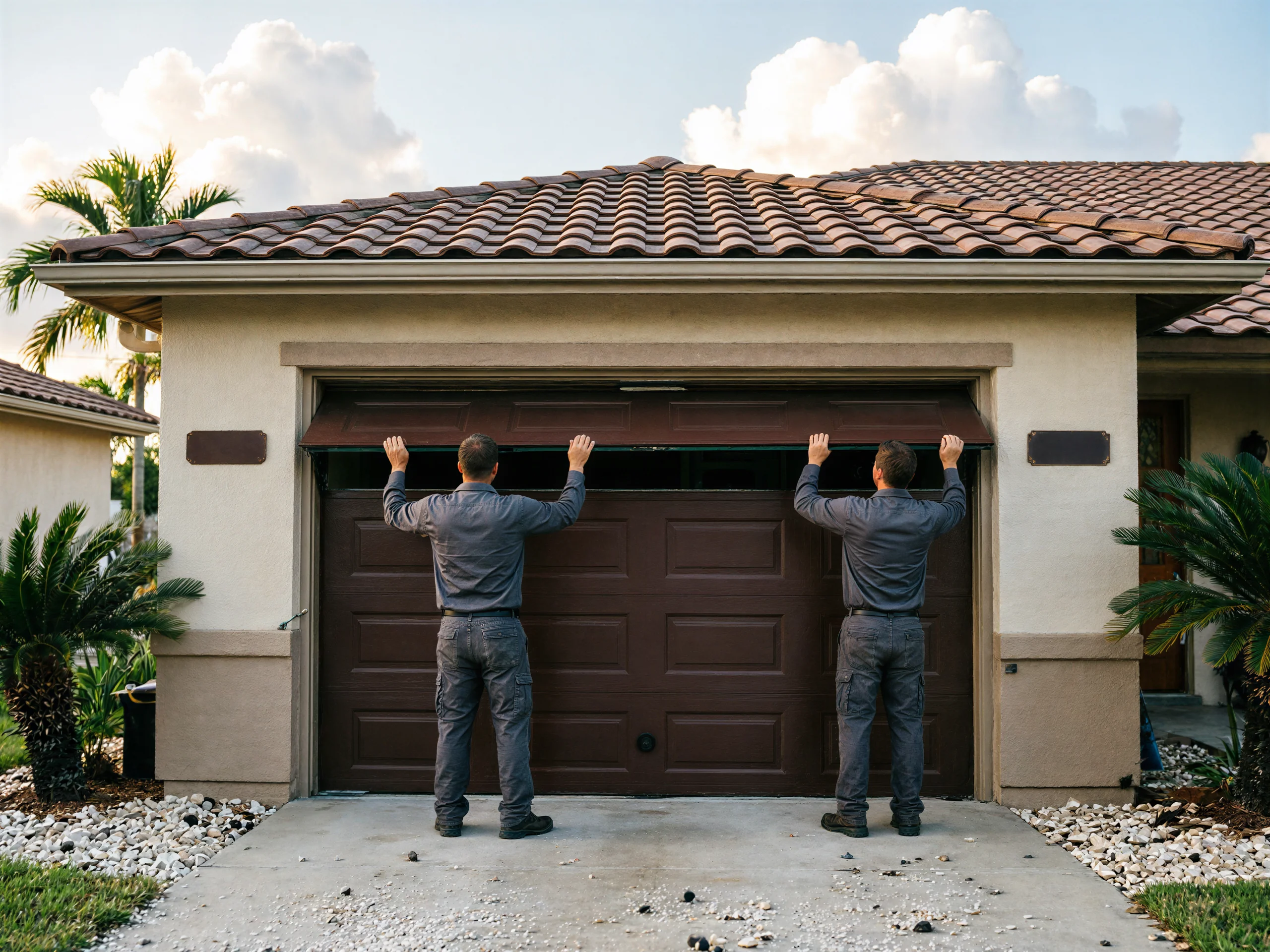 Two technicians are installing a brown garage door on a house.
