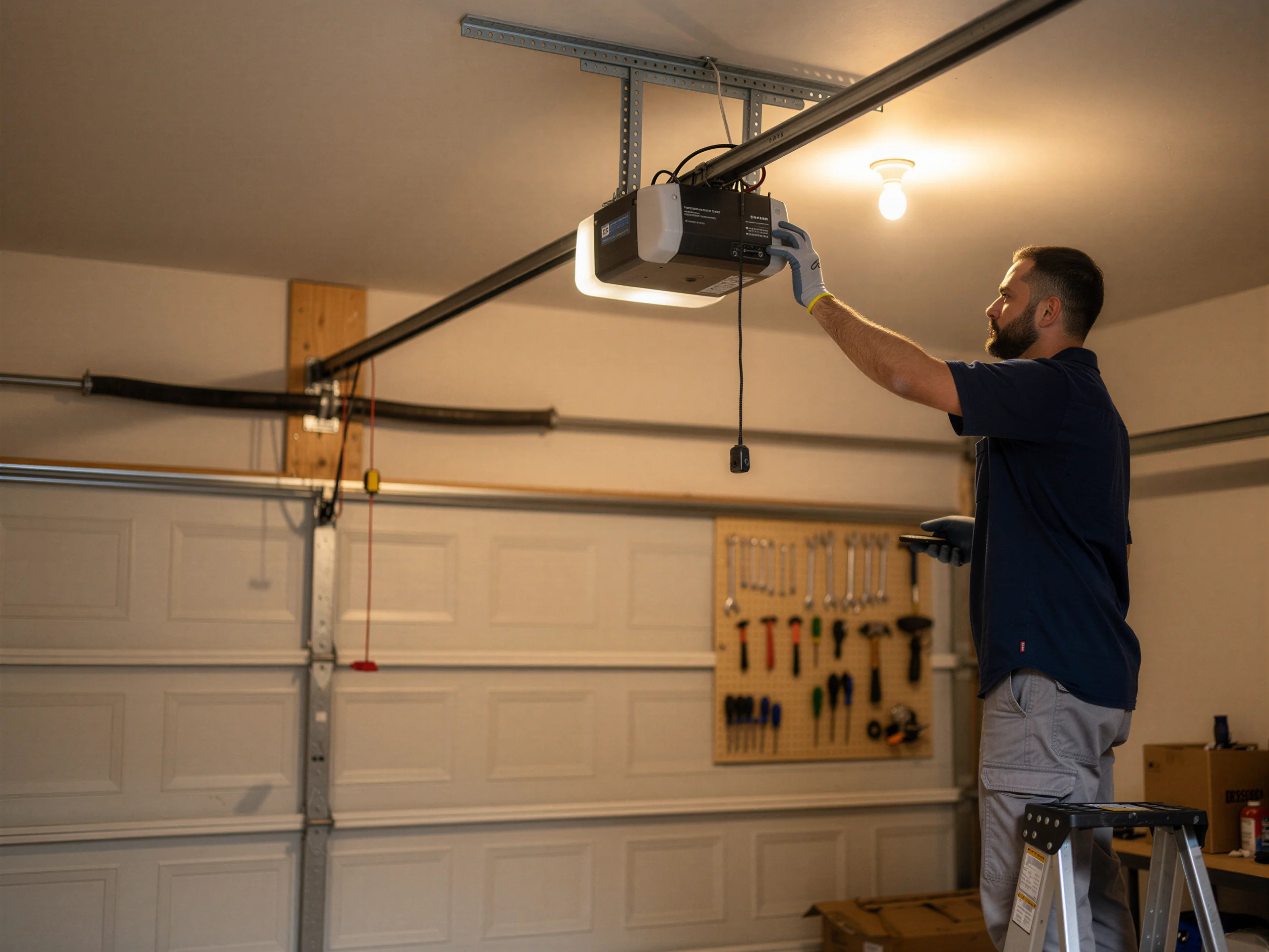 A technician adjusts a garage door opener above a white garage door.