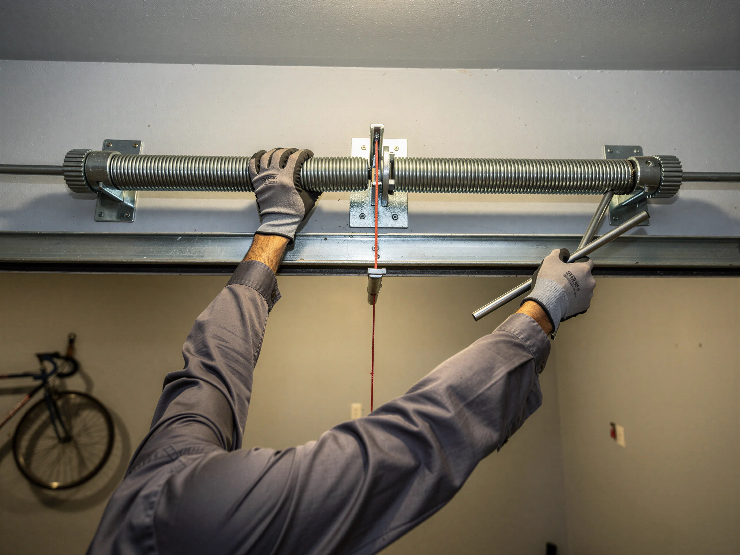 A technician adjusts a garage door torsion spring with winding bars.
