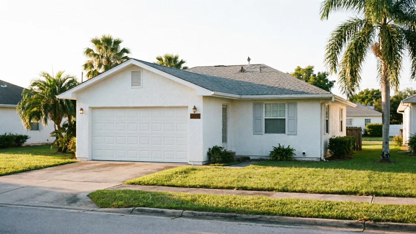 A white house with a white garage door and gray roof sits among palm trees.