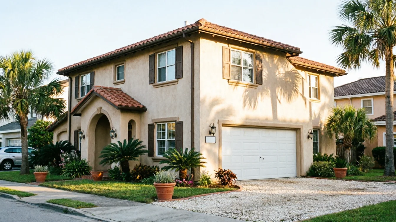 A two-story house with a white garage door, palm trees, and a gravel driveway.