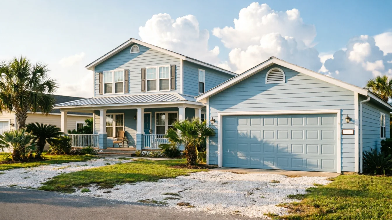 The house has a light blue garage door with square panels.